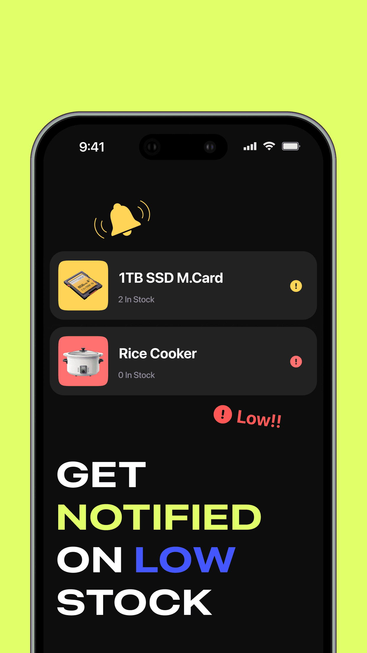 Low stock alert notifications for inventory items in the TRAIL inventory tracker app